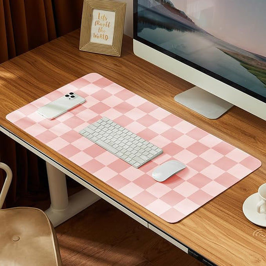 Checkered Desk Mat, 31.5" x 15.7" Large Cute Coral Pink Aesthetic Retro Accessories, PU Leather Computer Laptop Desk Mat, Mouse Keyboard Pad, Desk Writing Makeup Mat for Vanity/Work/Home Decor
