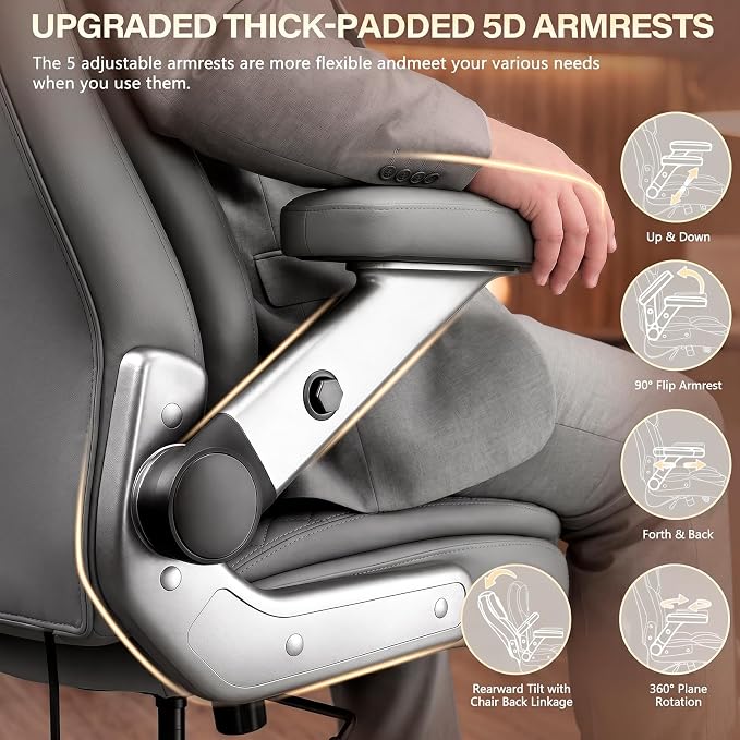650LBS Big and Tall Office Chair with 5D Flip Arms and Thick Pocket Spring Cushion,Extra Wide Heavy Duty Office Chair&Adjustable Lumbar Support,Large High Back Computer Chair Dual Rubber Wheel (Grey1)
