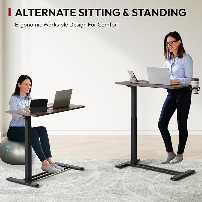 SANODESK 32'' Mobile Standing Desk with Hidden Wheels,Pneumatic Laptop Desk | Computer Cart Movable Height Adjustable Table Small Sit Stand Desk for Home Office Hospital Use,31.5"W x 17.7"D,Black Walnut