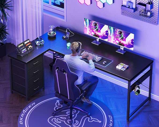 AODK 67" L Shaped Gaming Desk with 4 Drawers and Power Outlets, Black | USB Ports, PC Tower Stand, Hooks, Reversible Corner Layout for Gaming Rooms, Bedrooms and Home Office