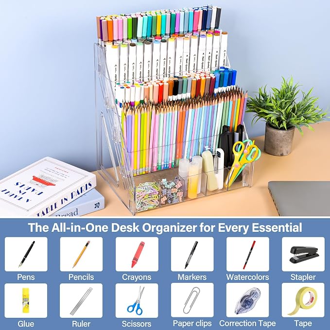 CELSOL Acrylic Marker Organizer – 4 Tier 20 Compartments for Pens, Markers, Art Supplies & Office Essentials – Clear Vertical Desk Storage for Home, Office & School