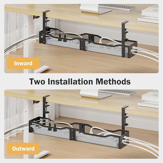 DELAMU 25'' Upgraded No Drilling Under Desk Cable Management Tray, Black | Under Desk Cable Management, Extra-Long, No Tools Required Installation, Height-adjustable, Home Office Gaming Accessories