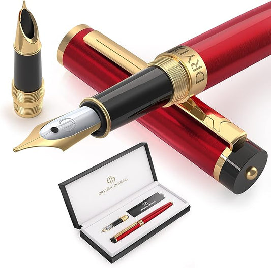 Dryden Designs Fountain Pen - Medium and Fine Nibs | Includes Luxury Box, Ink Cartridges - 3 Black 3 Blue and Ink Refill Converter - Royal Red