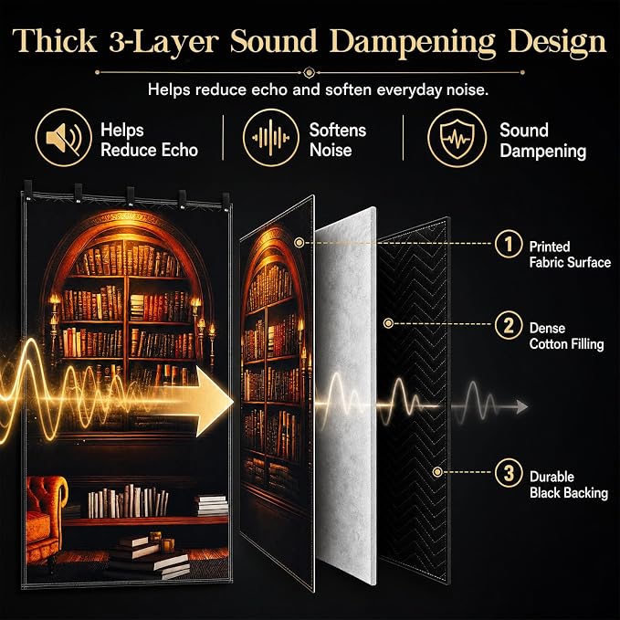 Tegeme Vintage Sound Dampening Blanket, Soundproof Curtain 80 x 48 Inch, Decorative Soundproof Blanket with Grommets for Windows, Doors, Studio Corners, Music Recording, Retro Bookshelf Printed