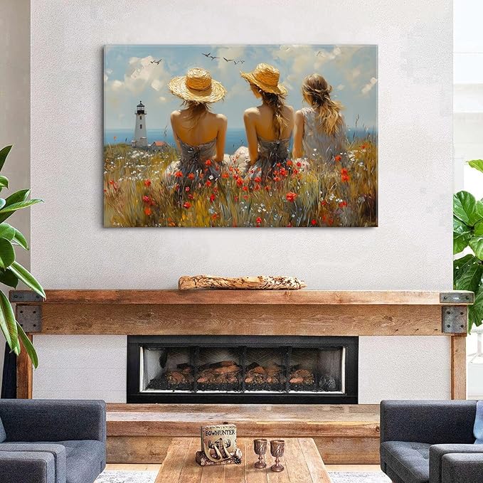Abstract Poppy Floral Canvas Wall Art Coastal Autumn Landscape Painting Artwork Bedroom Bathroom Ocean Lighthouse Canvas Prints Girl Picture Retro Wall Decor for Gallery Living Room Decorations 32x48"
