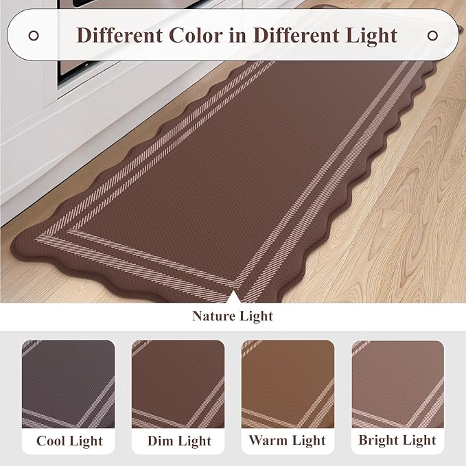 KIMODE Anti Fatigue Kitchen Mats for Floor, Farmhouse Scalloped Rugs for Kitchen Floor, Boho Kitchen Rugs Non Slip, Cushioned Standing Mats for Laundry Office Sink Desk Brown 17"x47"+17"x29"