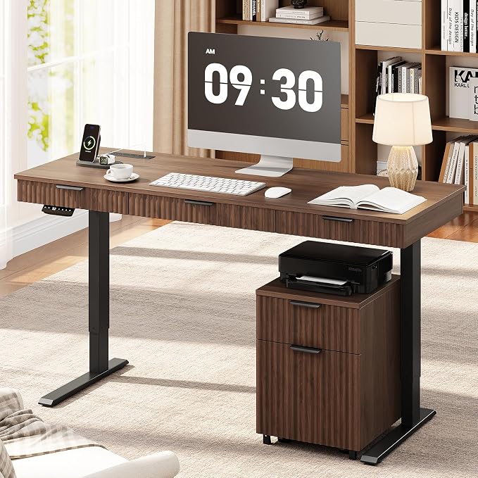 55" Electric Standing Desk with File Cabinet,Height Adjustable Desk,Walnut | Standing Desk with Drawers, Roilling Filing Cabinet, File Cabinet with Drawers, Adjustable Desk for Home Office, Work, Study