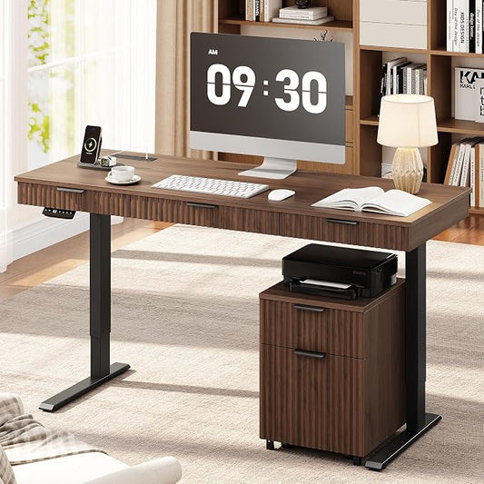 55" Electric Standing Desk with File Cabinet,Height Adjustable Desk,Walnut | Standing Desk with Drawers, Roilling Filing Cabinet, File Cabinet with Drawers, Adjustable Desk for Home Office, Work, Study