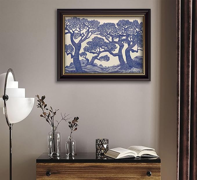 Vintage Gold Framed Wall Art Oak Tree Forest Painting Canvas Prints Blue Woodland Nature Landscape Picture Moody Botanical Poster Artwork for Living Room Bedroom, 12x16in