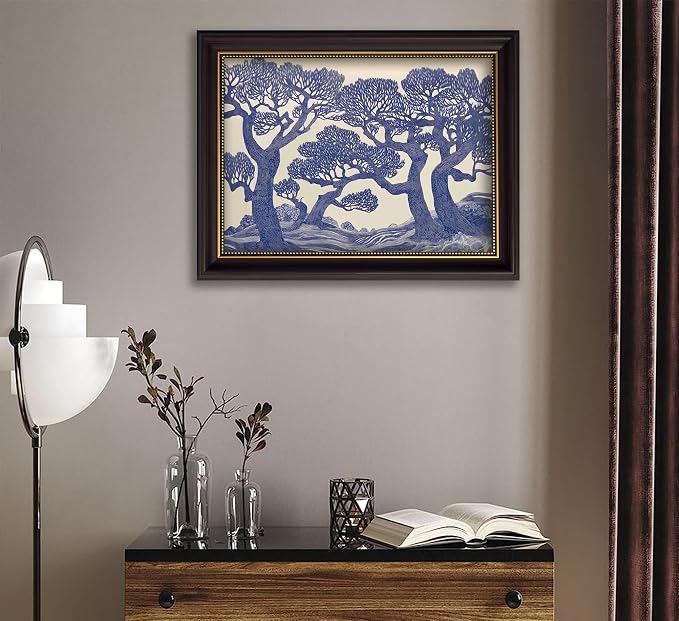 Vintage Gold Framed Wall Art Oak Tree Forest Painting Canvas Prints Blue Woodland Nature Landscape Picture Moody Botanical Poster Artwork for Living Room Bedroom, 9x11in
