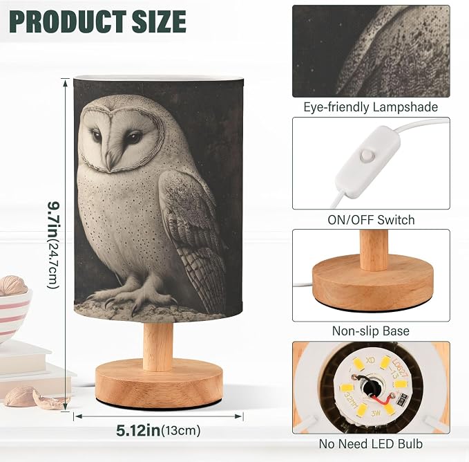 Table Lamp Owl Night Sky Nightstand Lamp with Wood Base Fabric Lamp Shade Bedside Desk Lamp for Living Room Bedroom Kids Room Office