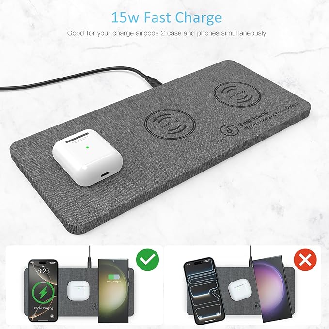 ZealSound Wireless Charging Pad, 3 in 1 Charger Mat for iPhone, Samsung Galaxy, Pixel, AirPods & Galaxy Buds, 24W Adapter Included, Ultra Slim, Case Friendly, PU Leather, Home Office & Travel, Gray