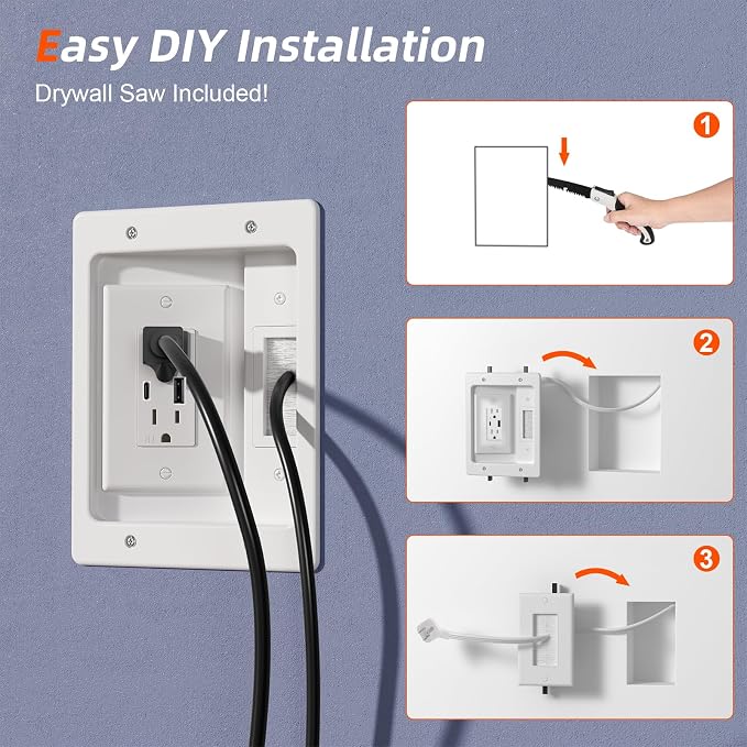 in Wall Cable Management Kit with Brush Wall Plate TV Wire Hider for Wall 2AC+USB-a+USB-c Recessed tv Outlet Box 9.8ft Cord for Home Theater Systems Gaming Vonsoles Nightstands Office Spaces