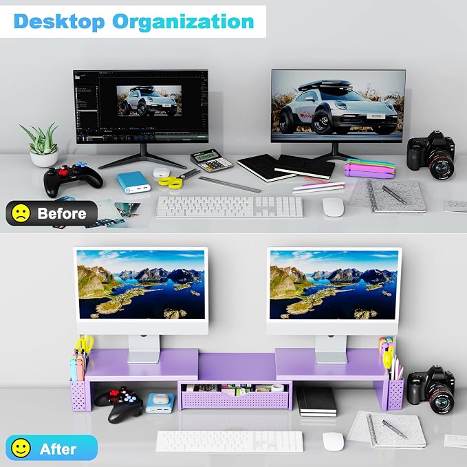 Spacrea Metal Desk Organizers and Accessories, Dual Monitor Stand Riser with Drawer and 2 Pen Holders, Desk Accessories & Workspace Desktop Organizers for Office Supplies (Purple)