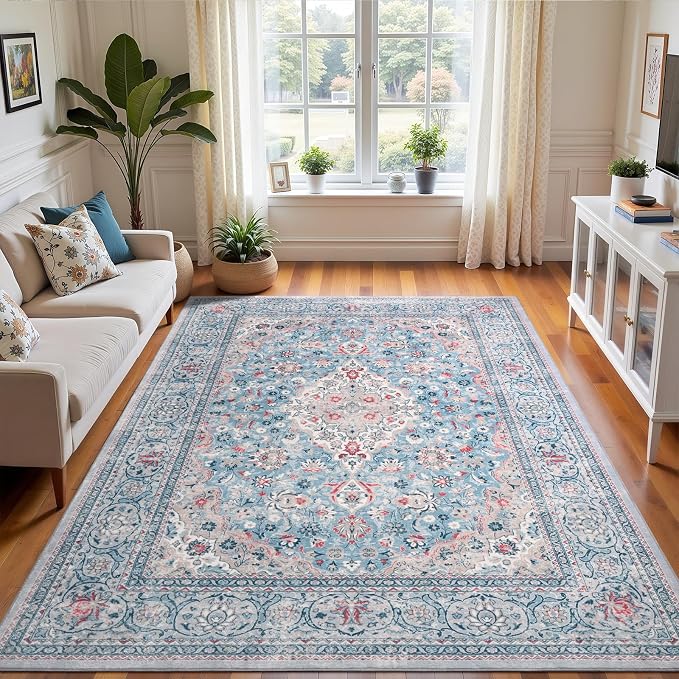 Blue Washable Boho Area Rug for Bedroom, 3x5 Vintage Floral Non Slip Rugs, Soft Low Pile Indoor Mat, Aesthetic Pattern Carpet for Living Room, Kitchen, Dining Room and Bedside