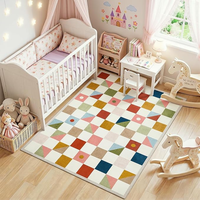 Terrug 3x5 Checkered Rug for Entryway, Multicolored Geometric Area Rugs Washable with Non Slip for Kids Room, Soft Low Pile Stain Resistance Carpet for Kitchen