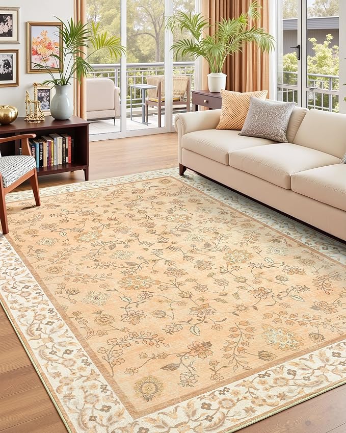 6x9 Area Rugs for Living Room, Boho Washable Bedroom Rug, Vintage Floral Non Slip Rugs, Soft Low Pile Carpet for Kitchen Dining Room Office Farmhouse, BCinnamon Orange