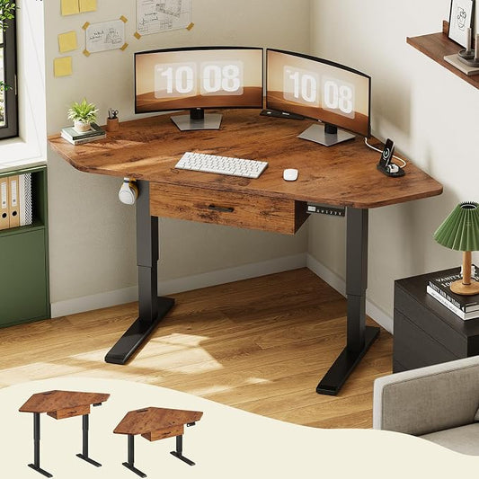 SEDETA Corner Electric Standing Desk with Drawer for Gaming, Small Space | 32'' Small Height Adjustable Computer Desk, Stand up Home Office Writing Desk, Rustic Brown