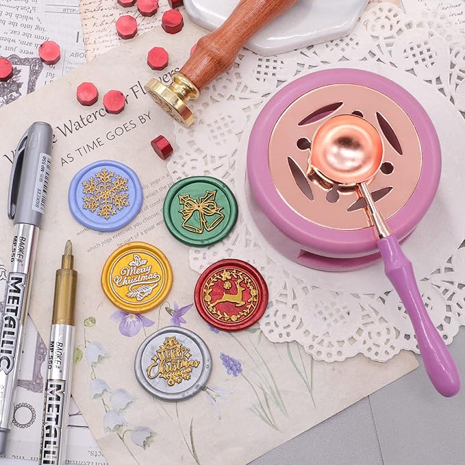 SWANGSA Wax Seal Warmer Kit, Sealing Wax Furnace Tool with 2pcs Wax Seal Pens + Wax Seal Spoon and 2pcs Candles for Sealing Wax Stamp Wedding Invitation Envelope Letter (Pink)