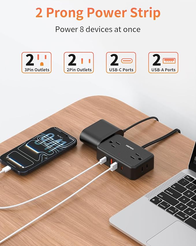 HOPOW 2 Prong Power Strip, 2 Prong to 3 Prong Outlet Adapter with 4 AC Outlets & 4 USB(2 USB-C), 6FT Two Prong Surge Protector, 900 Joules, Wall Mount Extension Cord for Non-Grounded Outlet, Black
