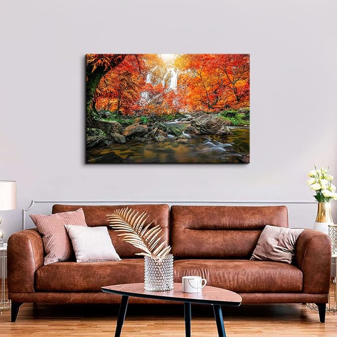 Mountain Waterfall Canvas Wall Art Tropical Forest Pictures Wall Decor for Living Room Kitchen Office Home Decoration 32x48” Nature Tree Scenery Posters for Room Aesthetic Artwork Burnt Orange Sunset