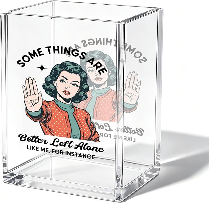 Leave Me Alone Funny Acrylic Cosmetic Pen Pencil Holder Cup, Vintage Pin Up Girl Pencil Organizer, Cute Unique Office Desk Accessories, Retro Sarcastic Gifts for Women Colleagues（A01）