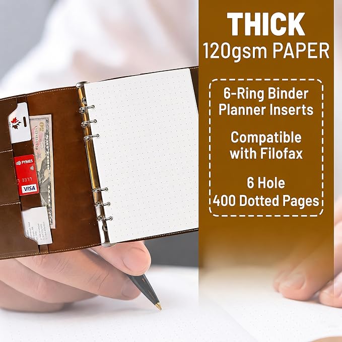 Wanderings A5 6-Ring Binder Planner Inserts - 8.3 x 5.6" - Thick Cream Color Dotted 120 GSM Loose Leaf A5 Paper Refills Compatible with Filofax 6 Hole 200 Sheets 400 Dot Grid Pages