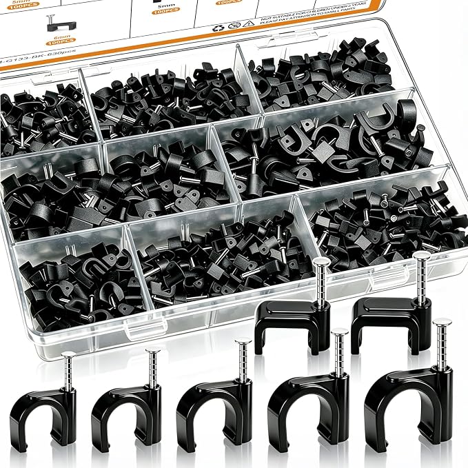 mankk 630PCS Black Cable Clips Nail in Cable Clips Wire Clips 4/5/6/8/10mm Round & Square Ethernet Cables Wall Clips for Cords RG6 RG59 CAT5 CAT6 RJ45