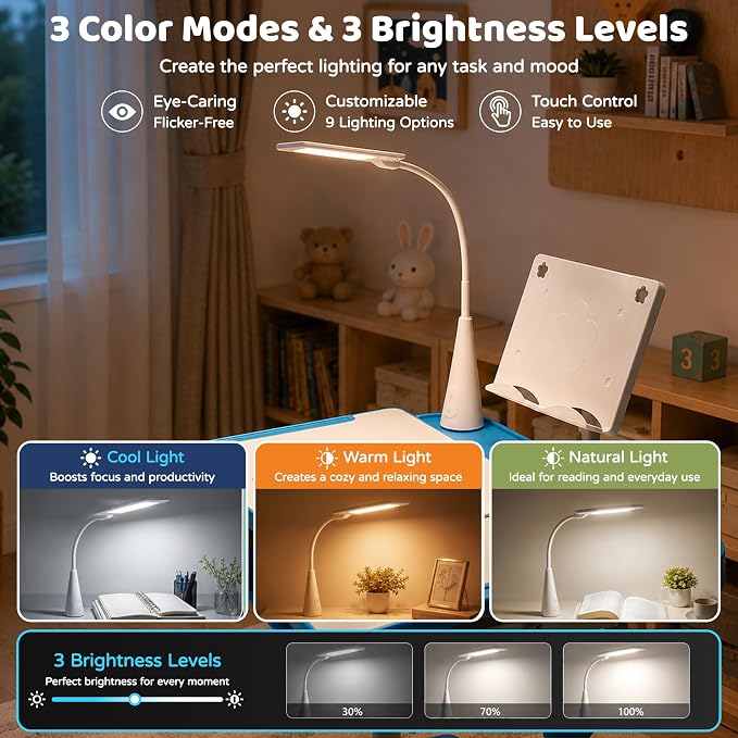 Diroan Kids Desk and Chair Set with LED Light, Height-Adjustable for Age 7+ | Ergonomic, Large 0‑45°desk, Sturdy steel frame, Storage drawer, Bookstand, Metal hook