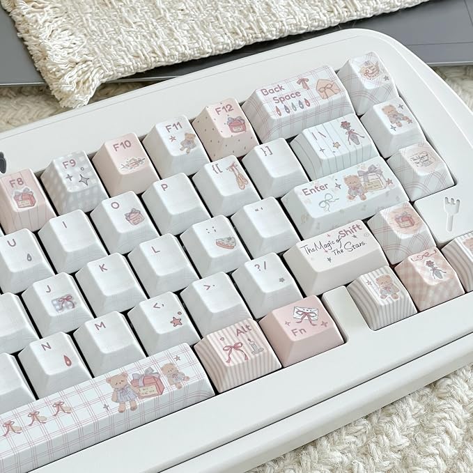 Pink PBT Keycaps 150 Keys, Little Bear Theme Dye Sublimation Keycap Set, Cute Cherry Profile Key Caps, Custom Keyboard Keycaps for ANSI/ISO Layout Cherry MX Switches Mechanical Keyboard