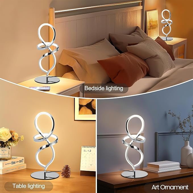 Mayful Modern Table Lamp with LED Unique Spiral Design, Small Nightstand Lamp with Stepless Dimming Switch, Chrome Bedside Lamps for Bedroom, Nightstand, Living Room, Office, 12W 3200K Warm White