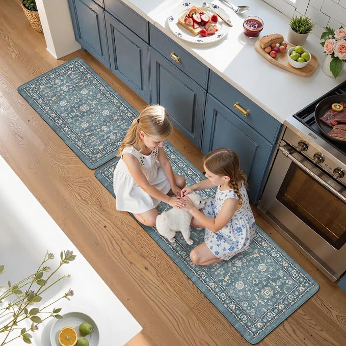 KIMODE Kitchen Floor Mat Anti Fatigue, Cushioned Kitchen Rug 2 Piece | Blue,Memory Foam Kitchen Mat for Floor Cushioned ,Boho Vintage Floral Kitchen Rug Non Slip for Laundry Sink Office Home Decor