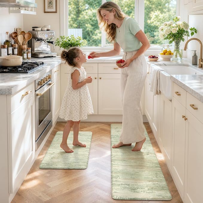 KIMODE Kitchen Mats for Floor, Light Green Aabstract Kitchen Rugs Sets of 2 | Anti Fatigue Mats for Kitchen Floor, Cushioned Kitchen Floor Mats,Comfort Bathroom Rugs for Sink Laundry Room 17"x47"+17"x29"