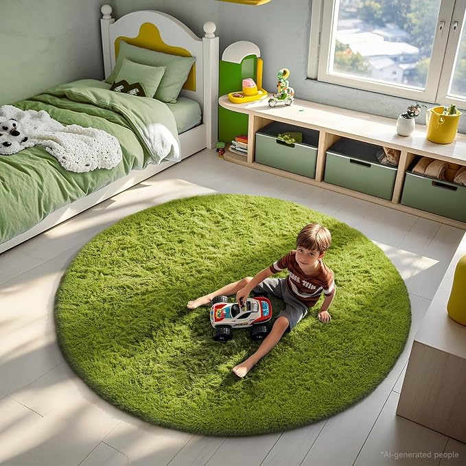 Ophanie Round Rug 6Ft Green Circle Area Rug, Green Room Decor, Fluffy Fuzzy Bedroom Carpet, Plush Soft Shaggy Living Room Rugs for Kids Home Decor Aesthetic, Nursery