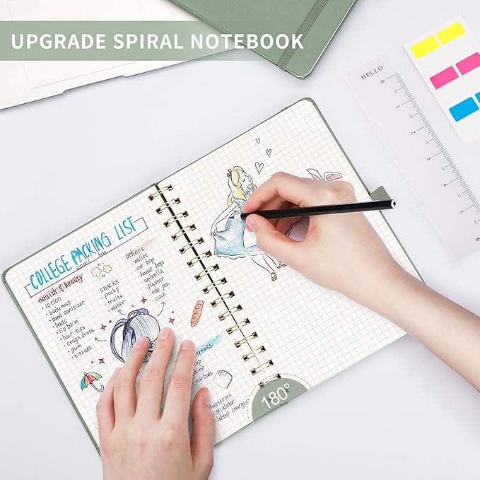 AHGXG Graph Paper Notebook - Spiral Notebook Hardcover Leather Journal 140 Pages, A5 Grid Paper Notebook 5.7" x 8.3", 100 gsm Thick Paper, for School Writing Graphing Engineering, Sage Green