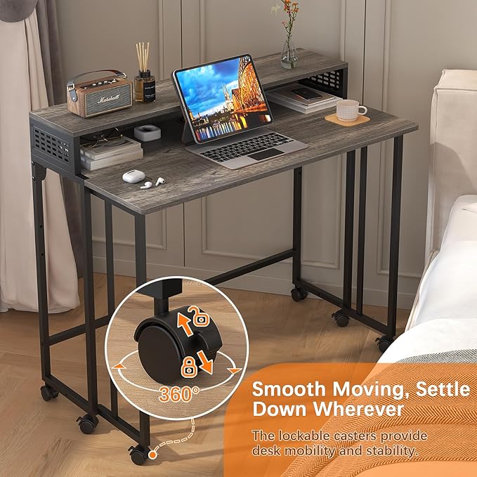 Gezen Folding Desk With Storage Shelf, Small Rolling With Wheels, Mobile Couch Sofa Side Table Bed for Home Office Small Space, Dark Grey, 39.4"