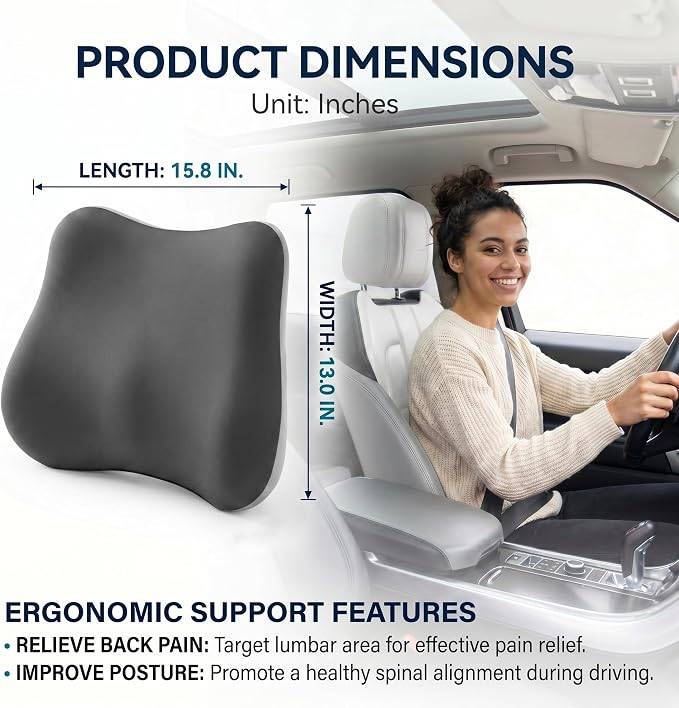 Lumbar Support Pillow, Ergonomic Memory Foam Back Cushion for Car Office Chair Gaming Chair, Washable Cool-Touch Cover for Lower Back Support (Dark Grey)