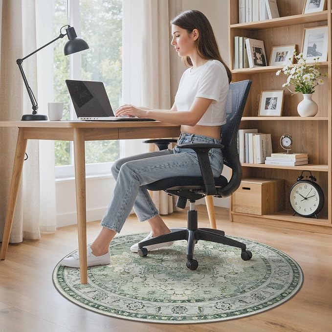 Office Chair Mat for Hardwood Tile Floor, Under Desk Carpet Protector for Rolling Computer Chair Mat, Round Washable Rugs 5ft Circle Area Rug, Anti-Slip 1/5" Thick Low Pile Thin Floor Mat, Green