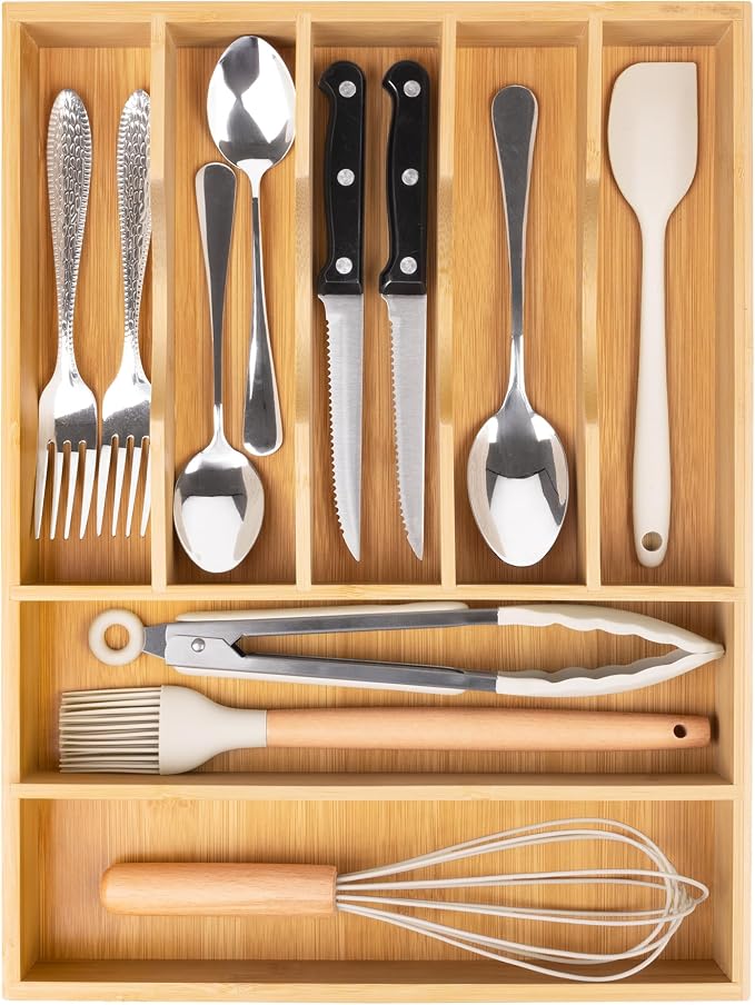 Bamboo Silverware Drawer Organizer, Kitchen Utensil Drawer Organizers, 12"x15.7" Utensils Holder Cutlery Tray with Grooved Drawer Dividers for Kitchen Flatware Bedroom Office(7 Slot, Natural)