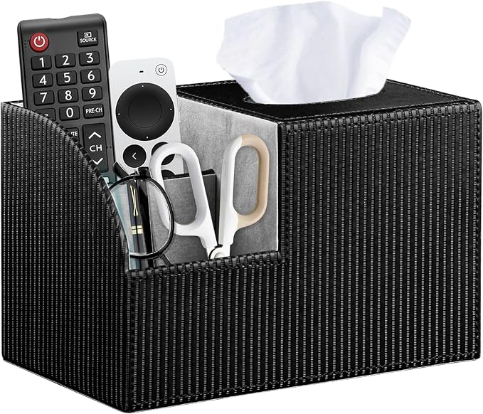 Square Tissue Box Cover with Storage, PU Leather Facial Cube Tissue Holder | Multifunction Remote Control Holder, Nightstand Organizer, Modern Desk Caddy for End Table Bathroom, Home, Office Decor