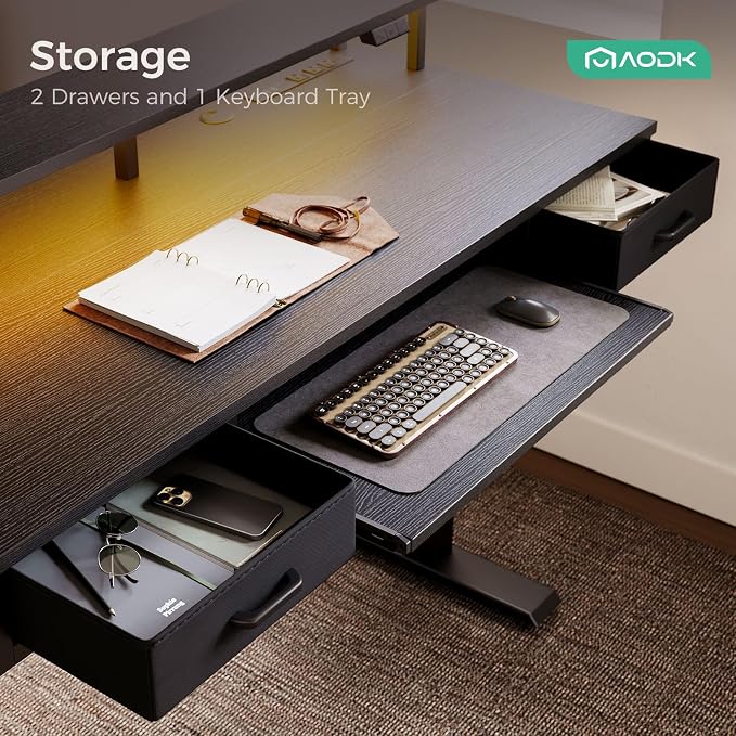 AODK Electric Standing Desk with Drawers & Keyboard Tray, 63 Inch Height Adjustable Gaming Desk with Power Outlets & LED Lights, Sit Stand Table with Monitor Stand for Home, Office, Black