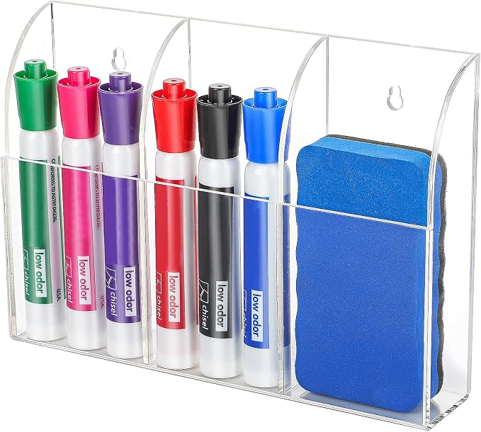 MaxGear Wall Marker Holder & Remote Control Organizer 3-Compartment | Clear Acrylic Dry Erase Board Marker & Pen Holder for Wall Mount, Includes Adhesive & Screws for Home/Office/Classroom