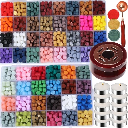 Wax Seal Kit, 56 Colors 1456 Pcs Sealing Wax Beads with Melting Warmer Spoon, Candles, Seal Stamp Set for Wedding Invitation, Letter Stamp Sealing and DIY Craft