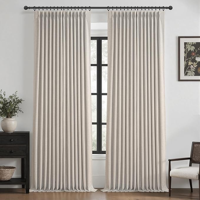 Greyish Beige Dual Layer Linen 102 Inch Long Curtains Panels of 2 for Sliding Glass Doors, Blackout Memory Shape Pinch Pleated Noise Reducing Thermal Ceiling Decorative Windows Drapes 8-1/2 FT Length