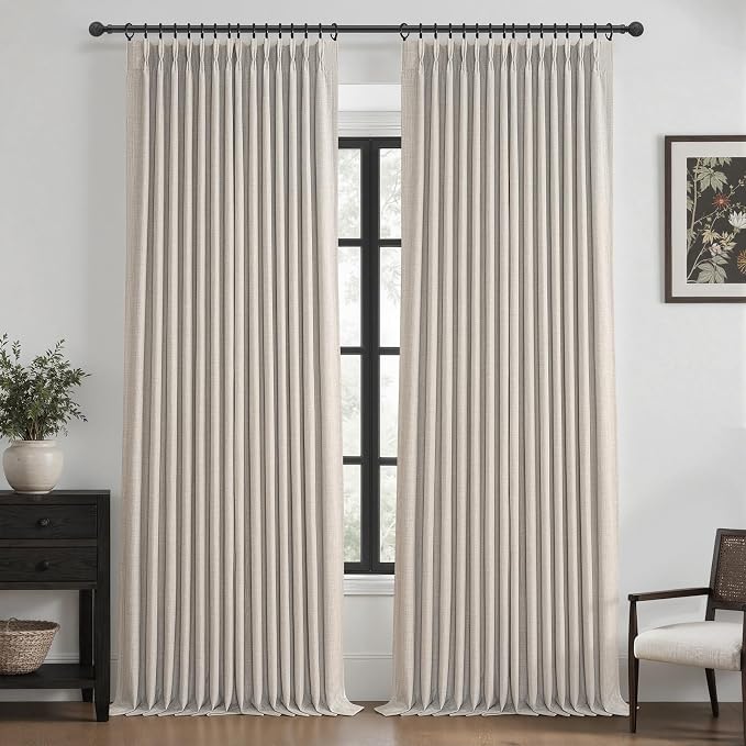 Greyish Beige Blackout Patio Sliding Door Curtains 92 Inches Long 2 Panels, Memory Shape Pinch Pleat 2 Layer Linen Thermal Energy Efficient Country Curtain with Ceiling Track Dorm Room Windows Drapes