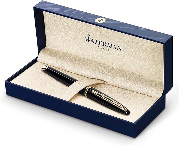 Waterman Carène Black Sea Fountain Pen High-Gloss Black & 23k Gold Clip Medium Nib with Blue Ink Cartridge Gift Box