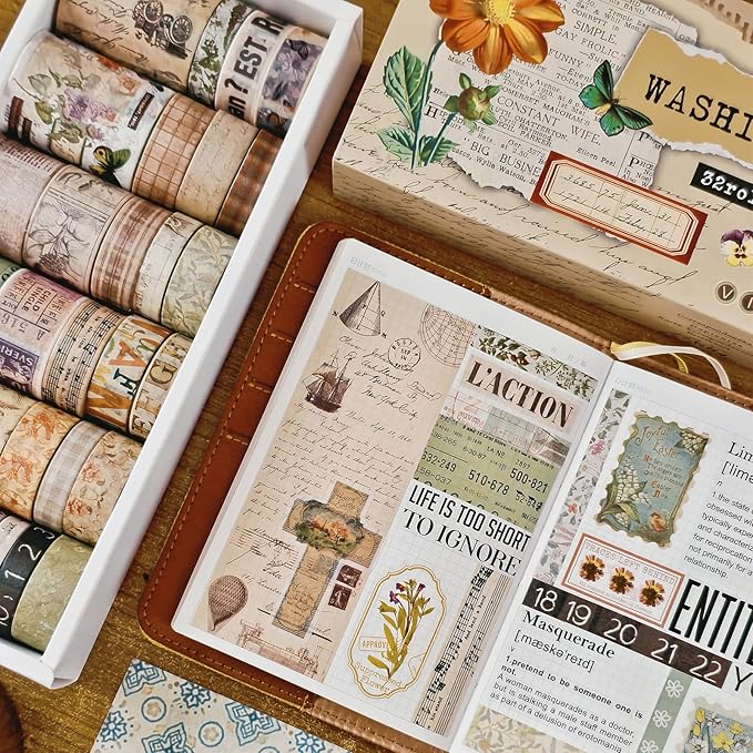 Bomichi 32 Roll Vintage Washi Tape Set Decorative Masking Paper Rainbow Colors Aesthetic Adhesive Ribbon Scrapbook Junk Journal Bullet Planner Diary DIY Craft Card Making Gift Wrapping Supplies