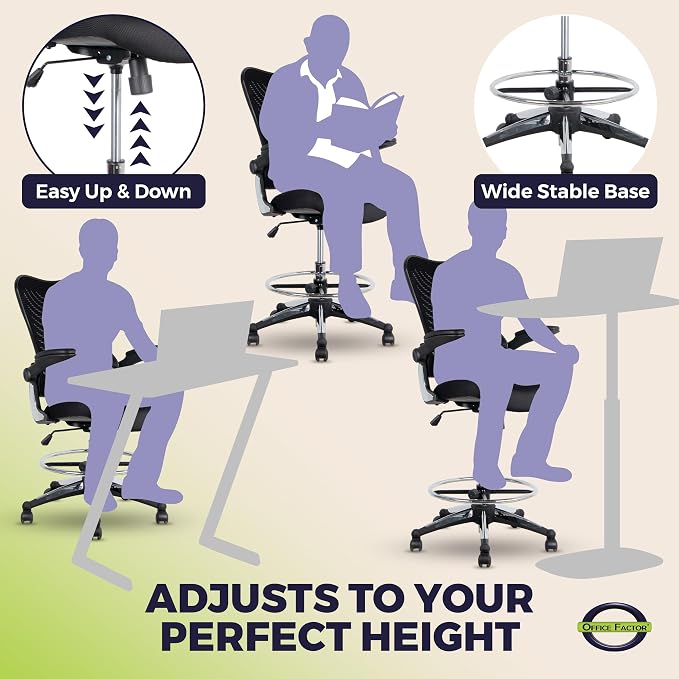 OfficeFactor 300 Lbs Tall Drafting Chair with Adjustable Foot Ring & Flip-Up Arms – Ergonomic Standing Desk Chair, Breathable Mesh Office Chair for Tall Desks, Counter Height & Reception(Black)