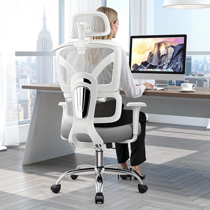 Ergonomic Desk Chair, Breathable Mesh Office Chair for Long Hours, 8 Pack | Adjustable Lumbar Support for Back Pain Relief, 4.33'' Thick Foam Cushion, 3D Headrest, Computer Chair for Home Office, Gray