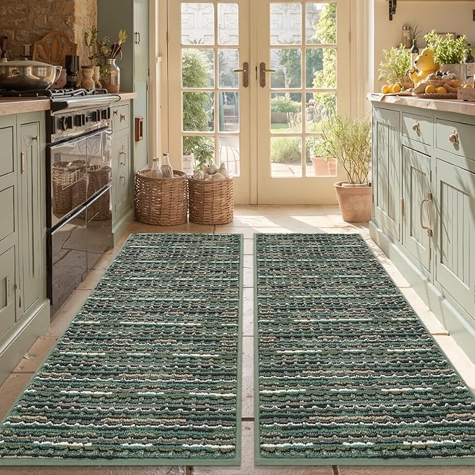 Kitchen Rugs Sets of 2-Non Slip Kitchen Mats for Floor-Thick Stain Resistant Vintage Kitchen Floor Mat Runner Carpet for Hallways Entryway Laundry Room Washable（Green 20"x47"+20"x47"）